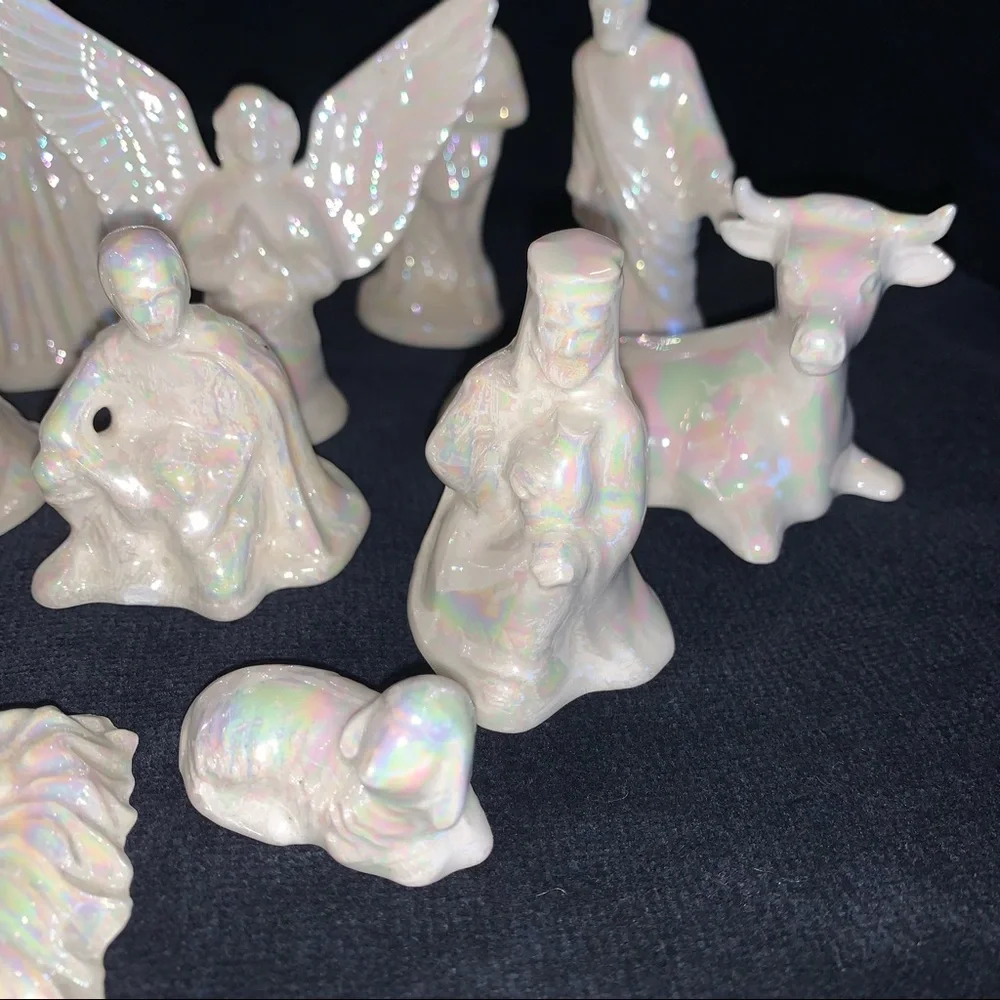 14 Piece Small Ceramic Pearlescent White Nativity Set Scene // Christmas Holiday